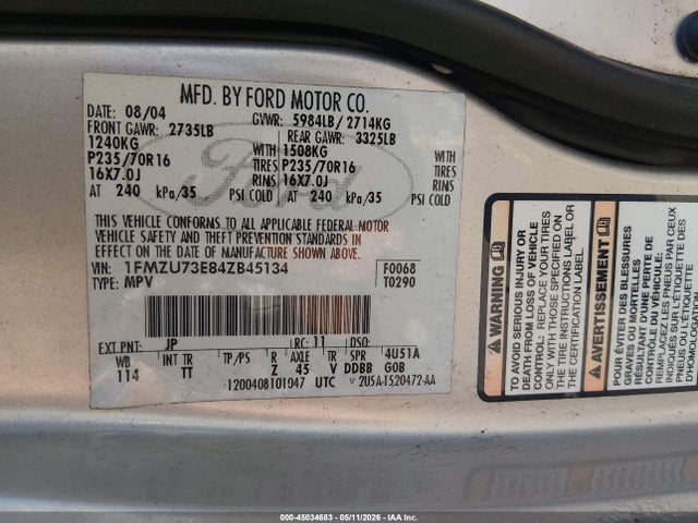 45034683 :رقم المزاد ، 1FMZU73E84ZB45134 vin ، 2004 Ford Explorer Nbx/xlt مزاد بيع