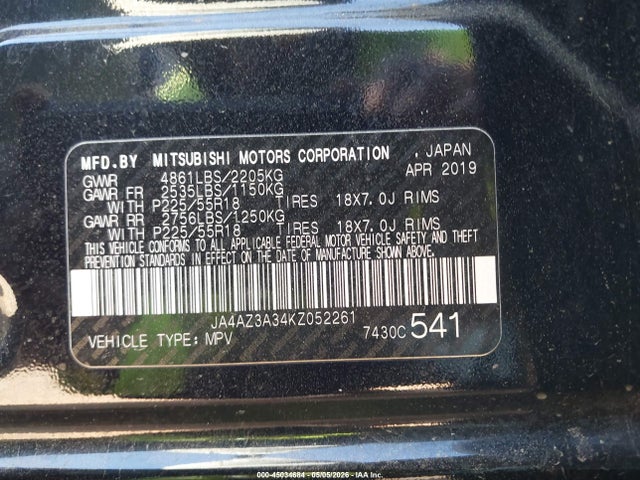 45034684 :رقم المزاد ، JA4AZ3A34KZ052261 vin ، 2019 Mitsubishi Outlander Se مزاد بيع