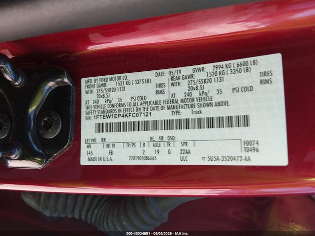 Auction sale of the 2019 Ford F-150 Xlt, vin: 1FTEW1EP4KFC07121, lot number: 45034691