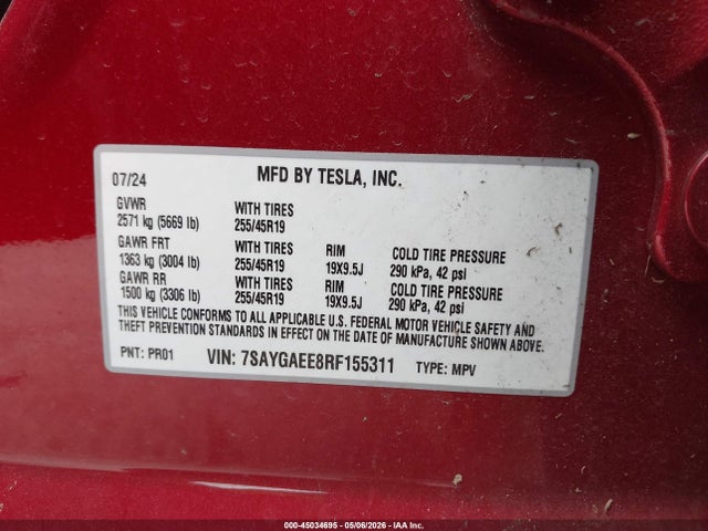 Продажа на аукционе авто 2024 Tesla Model Y Long Range Dual Motor All-wheel Drive, vin: 7SAYGAEE8RF155311, номер лота: 45034695