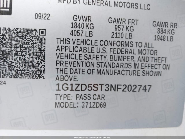 Aukcja sprzedaży 2022 Chevrolet Malibu Fwd Lt, vin: 1G1ZD5ST3NF202747, numer aukcji: 45034702