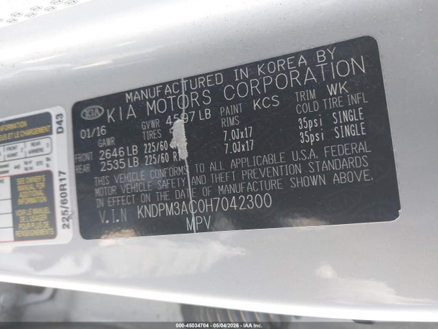 45034704 :رقم المزاد ، KNDPM3AC0H7042300 vin ، 2017 Kia Sportage Lx مزاد بيع