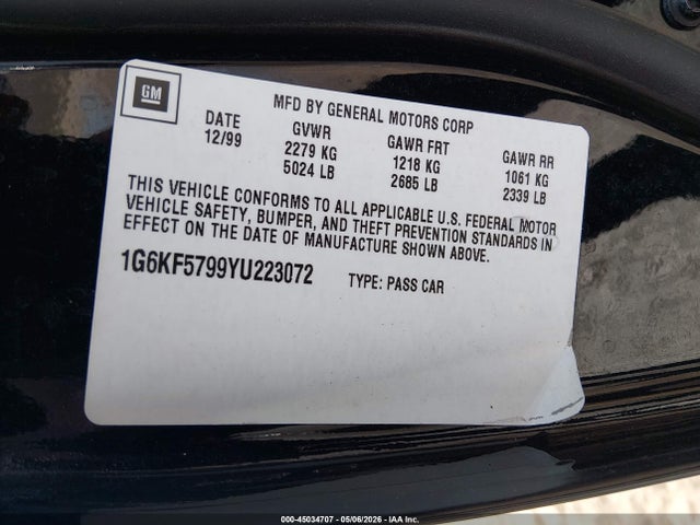 2000 Cadillac Deville Dts მანქანა იყიდება აუქციონზე, vin: 1G6KF5799YU223072, აუქციონის ნომერი: 45034707
