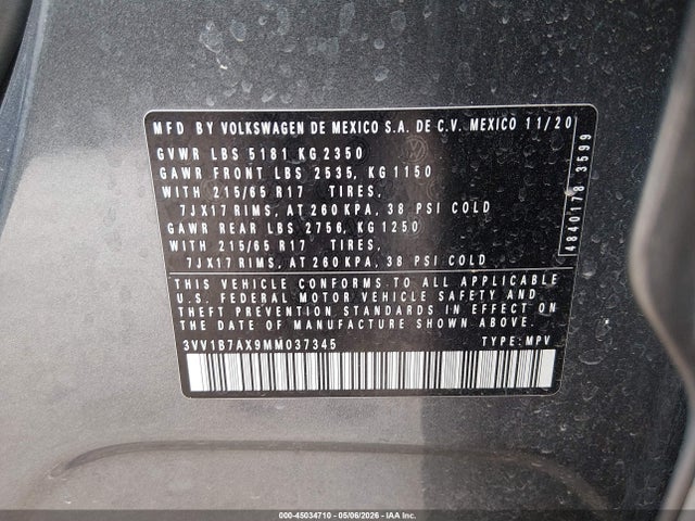 2021 Volkswagen Tiguan 2.0t S მანქანა იყიდება აუქციონზე, vin: 3VV1B7AX9MM037345, აუქციონის ნომერი: 45034710
