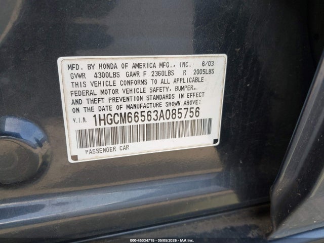 45034715 :رقم المزاد ، 1HGCM66563A085756 vin ، 2003 Honda Accord 3.0 Ex مزاد بيع