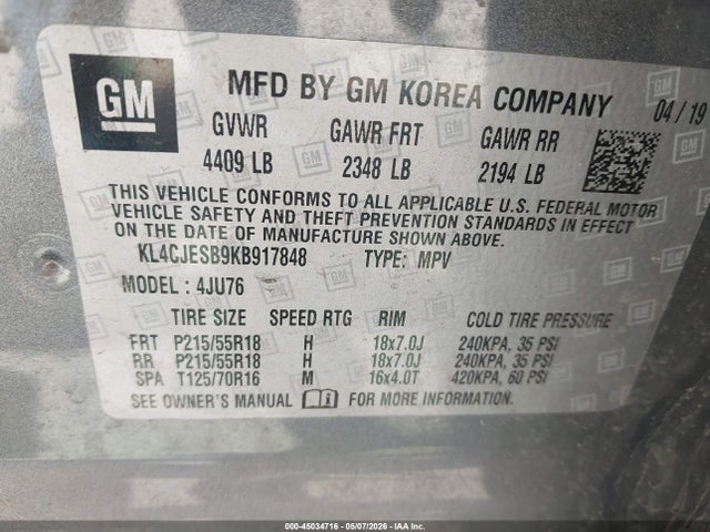 Продаж на аукціоні авто 2019 Buick Encore Awd Preferred, vin: KL4CJESB9KB917848, номер лоту: 45034716