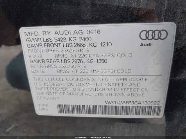 Продажа на аукционе авто 2016 Audi Q5 2.0t Premium, vin: WA1L2AFP3GA130922, номер лота: 45034717