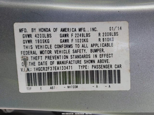 45034729 :رقم المزاد ، 1HGCR2F37EA133471 vin ، 2014 Honda Accord Lx مزاد بيع