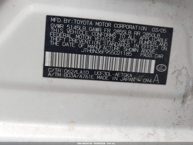 Продаж на аукціоні авто 2005 Lexus Ls 430, vin: JTHBN36F955021185, номер лоту: 45034739