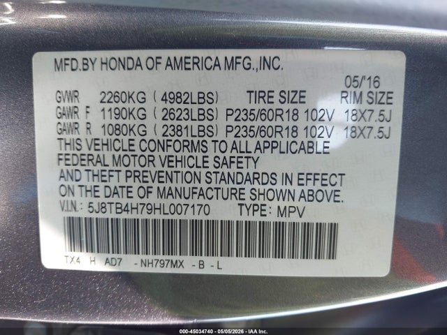 45034740 :رقم المزاد ، 5J8TB4H79HL007170 vin ، 2017 Acura Rdx Advance Package مزاد بيع