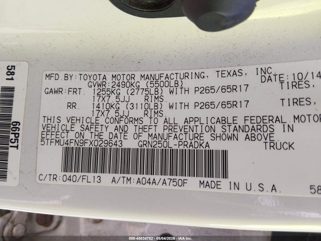 45034752 :رقم المزاد ، 5TFMU4FN9FX029643 vin ، 2015 Toyota Tacoma Base V6 مزاد بيع