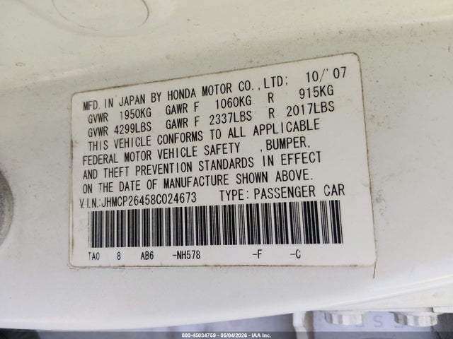 Продаж на аукціоні авто 2008 Honda Accord 2.4 Lx-p, vin: JHMCP26458C024673, номер лоту: 45034759
