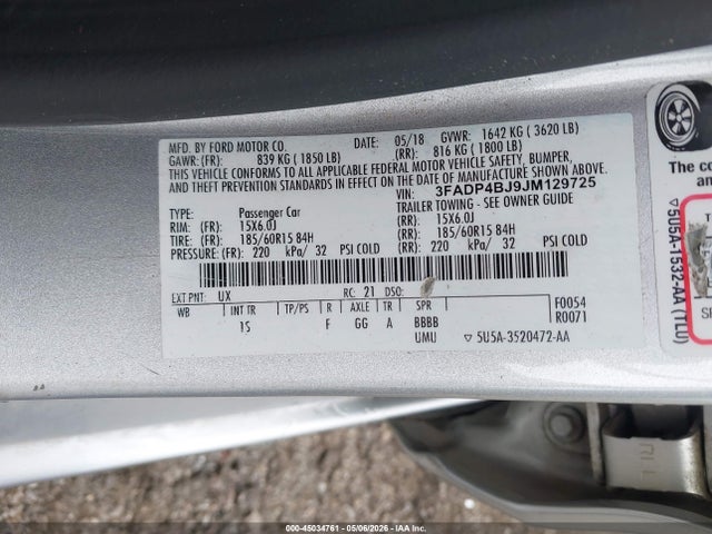 Aukcja sprzedaży 2018 Ford Fiesta Se, vin: 3FADP4BJ9JM129725, numer aukcji: 45034761