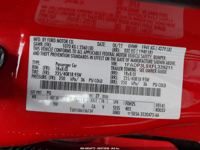 45034772 :رقم المزاد ، 1FADP3L9XFL339211 vin ، 2015 Ford Focus St مزاد بيع