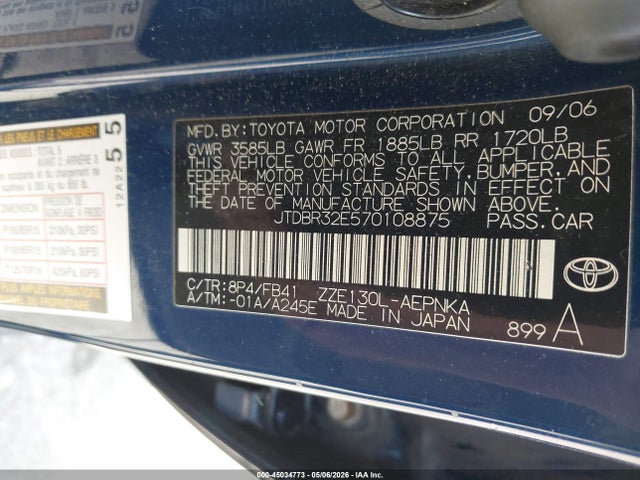 Продаж на аукціоні авто 2007 Toyota Corolla Le, vin: JTDBR32E570108875, номер лоту: 45034773
