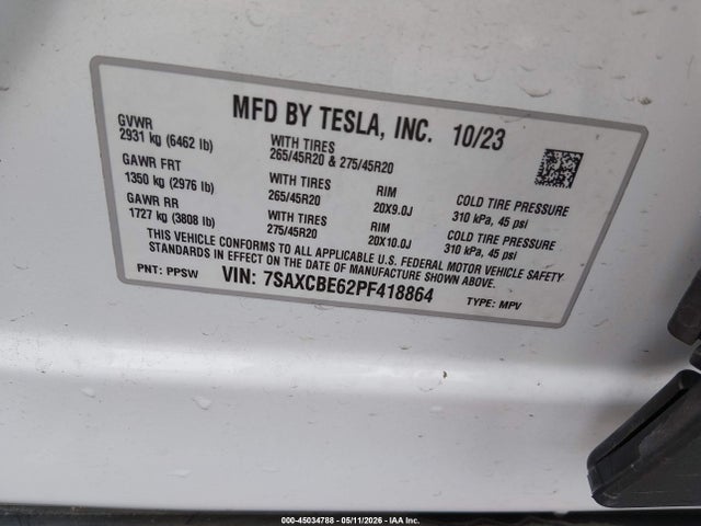 Продаж на аукціоні авто 2023 Tesla Model X Plaid Tri Motor All-wheel Drive, vin: 7SAXCBE62PF418864, номер лоту: 45034788