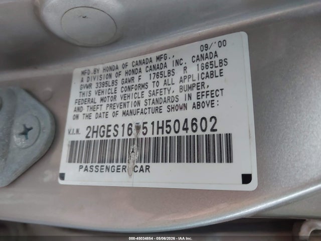 2001 Honda Civic Lx მანქანა იყიდება აუქციონზე, vin: 2HGES16551H504602, აუქციონის ნომერი: 45034854