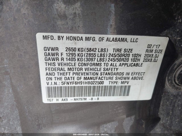 Продажа на аукционе авто 2017 Honda Pilot Touring, vin: 5FNYF6H91HB022500, номер лота: 45034859
