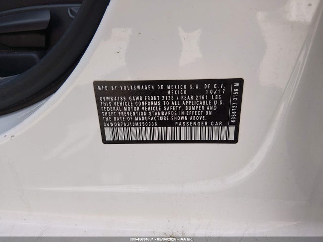 Aukcja sprzedaży 2018 Volkswagen Jetta 1.4t Se/1.4t Wolfsburg Edition, vin: 3VWDB7AJ1JM250936, numer aukcji: 45034881