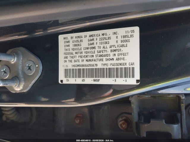45034910 :رقم المزاد ، 1HGCM56866A050479 vin ، 2006 Honda Accord 2.4 Ex مزاد بيع