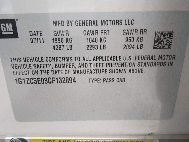 2012 Chevrolet Malibu 1lt მანქანა იყიდება აუქციონზე, vin: 1G1ZC5E03CF132894, აუქციონის ნომერი: 45034911
