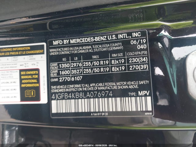 45034914 :رقم المزاد ، 4JGFB4KB8LA076974 vin ، 2020 Mercedes-benz Gle 350 4matic مزاد بيع