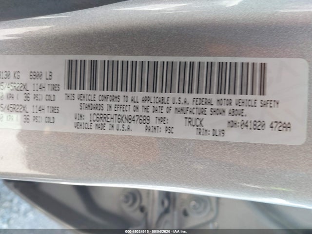 45034915 :رقم المزاد ، 1C6RREHT6KN847689 vin ، 2019 Ram 1500 Limited  4x2 5'7 Box مزاد بيع