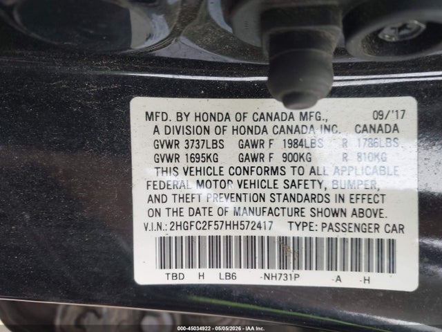 2017 Honda Civic Lx მანქანა იყიდება აუქციონზე, vin: 2HGFC2F57HH572417, აუქციონის ნომერი: 45034922