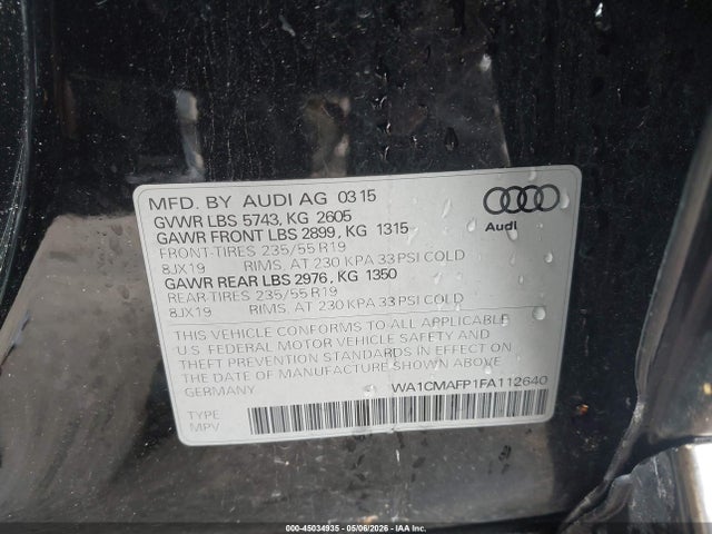 45034935 :رقم المزاد ، WA1CMAFP1FA112640 vin ، 2015 Audi Q5 3.0 Tdi Premium Plus مزاد بيع