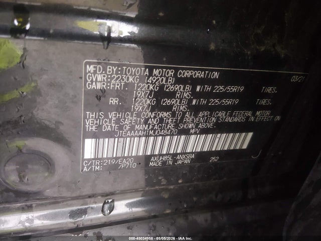 Aukcja sprzedaży 2021 Toyota Venza Limited, vin: JTEAAAAH1MJ048470, numer aukcji: 45034958