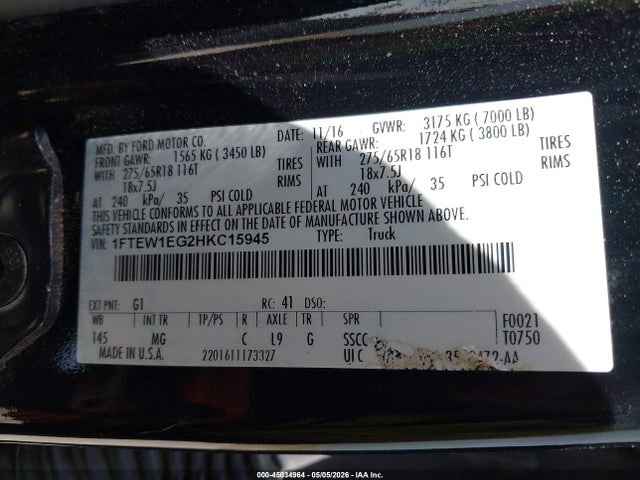 2017 Ford F-150 Xlt მანქანა იყიდება აუქციონზე, vin: 1FTEW1EG2HKC15945, აუქციონის ნომერი: 45034964