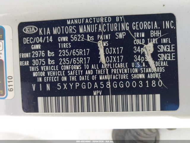 2016 Kia Sorento 3.3l Lx მანქანა იყიდება აუქციონზე, vin: 5XYPGDA58GG003180, აუქციონის ნომერი: 45034965
