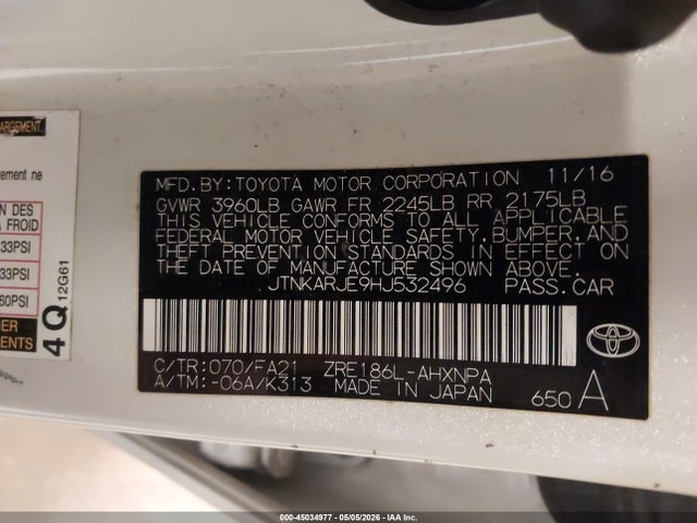 Aukcja sprzedaży 2017 Toyota Corolla Im, vin: JTNKARJE9HJ532496, numer aukcji: 45034977