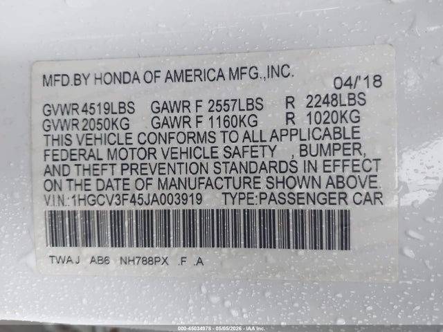 Aukcja sprzedaży 2018 Honda Accord Hybrid Ex, vin: 1HGCV3F45JA003919, numer aukcji: 45034978