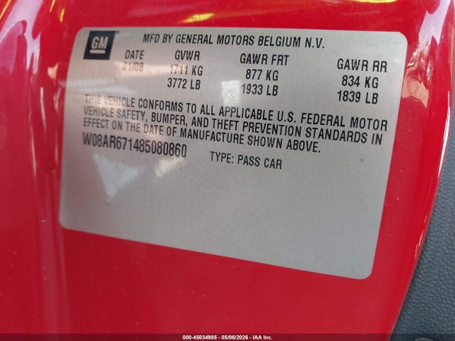 45034985 :رقم المزاد ، W08AR671485080860 vin ، 2008 Saturn Astra Xe مزاد بيع