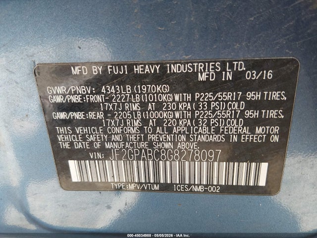 45034988 :رقم المزاد ، JF2GPABC8G8278097 vin ، 2016 Subaru Crosstrek 2.0i Premium مزاد بيع