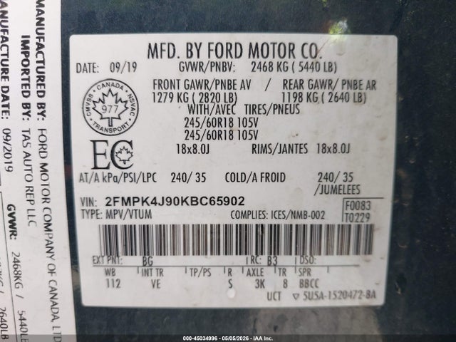 Aukcja sprzedaży 2019 Ford Edge Sel, vin: 2FMPK4J90KBC65902, numer aukcji: 45034996