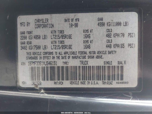 1999 Dodge Ram 3500 St მანქანა იყიდება აუქციონზე, vin: 1B7MF3361XJ546151, აუქციონის ნომერი: 45035016