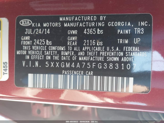 5XXGM4A75FG383107 KIA Optima Lx