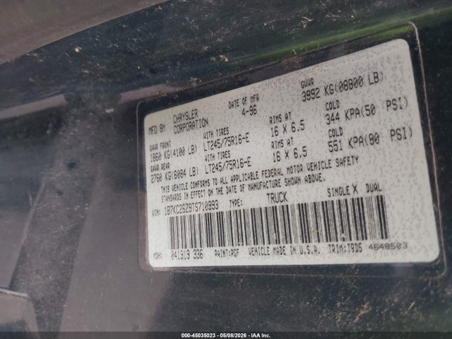 1996 Dodge Ram 2500 მანქანა იყიდება აუქციონზე, vin: 1B7KC26Z9TS710993, აუქციონის ნომერი: 45035023