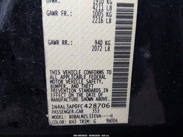 2015 Nissan Altima 2.5 Sv მანქანა იყიდება აუქციონზე, vin: 1N4AL3AP0FC428706, აუქციონის ნომერი: 45035025