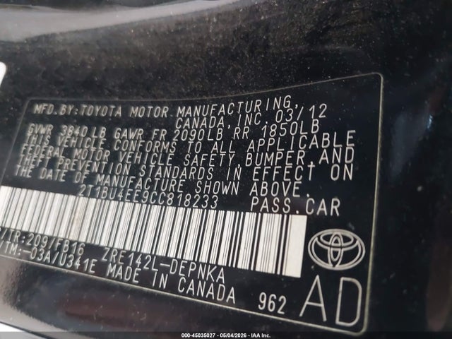 Продаж на аукціоні авто 2012 Toyota Corolla Le, vin: 2T1BU4EE9CC818233, номер лоту: 45035027