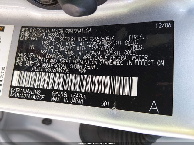 Aukcja sprzedaży 2007 Toyota 4runner Limited V6, vin: JTEBU17R878089735, numer aukcji: 45035029