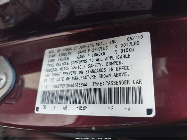 Продажа на аукционе авто 2010 Honda Accord 2.4 Lx, vin: 1HGCP2F36AA145644, номер лота: 45035031