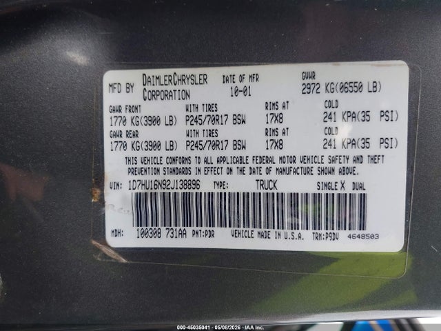 45035041 :رقم المزاد ، 1D7HU16N92J138896 vin ، 2002 Dodge Ram 1500 St مزاد بيع