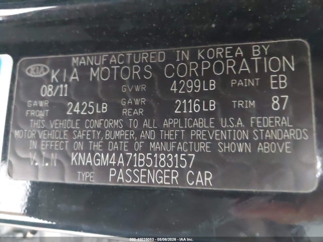 45035053 :رقم المزاد ، KNAGM4A71B5183157 vin ، 2011 Kia Optima Lx مزاد بيع