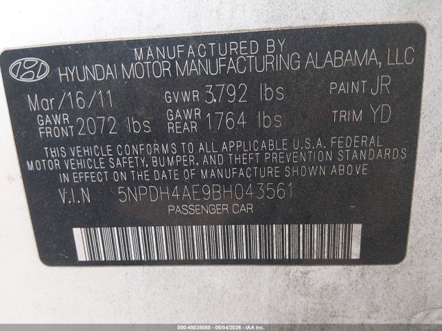 Продаж на аукціоні авто 2011 Hyundai Elantra Gls, vin: 5NPDH4AE9BH043561, номер лоту: 45035080