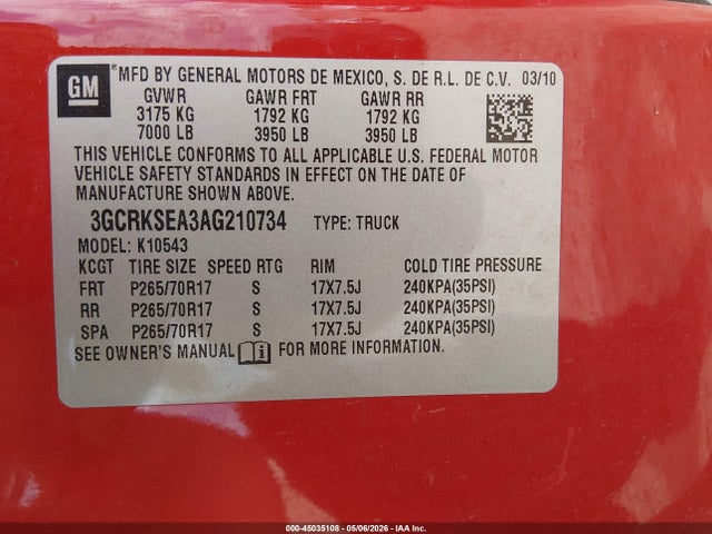 Aukcja sprzedaży 2010 Chevrolet Silverado 1500 Lt, vin: 3GCRKSEA3AG210734, numer aukcji: 45035108