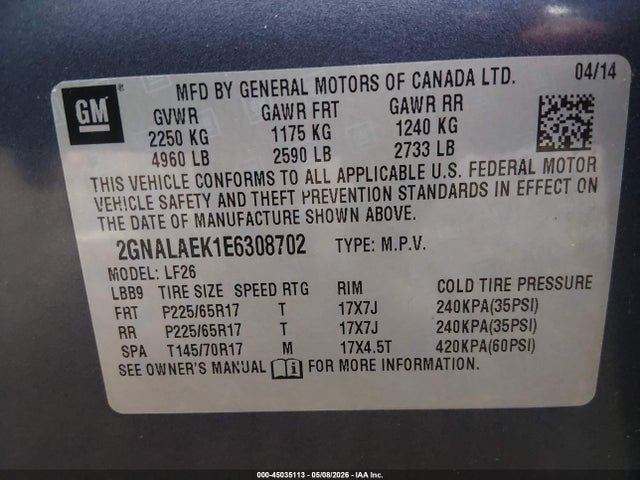 2014 Chevrolet Equinox Ls მანქანა იყიდება აუქციონზე, vin: 2GNALAEK1E6308702, აუქციონის ნომერი: 45035113
