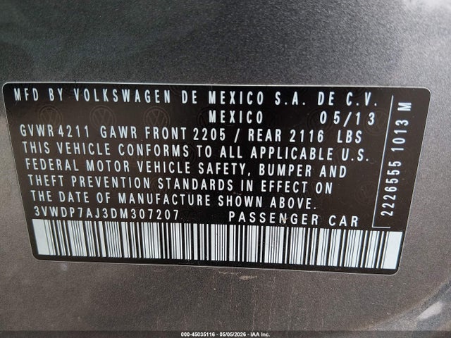 Продажа на аукционе авто 2013 Volkswagen Jetta 2.5l Se, vin: 3VWDP7AJ3DM307207, номер лота: 45035116
